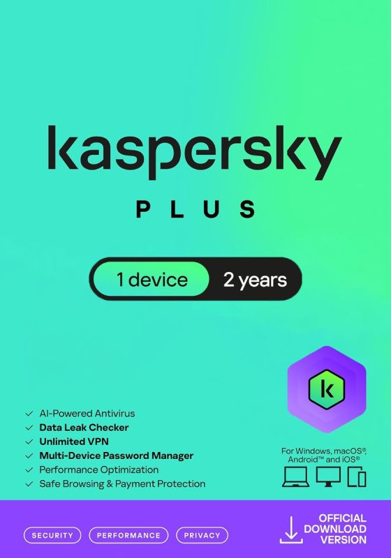 Kaspersky Plus Internet Security 2026 - 1 Gerät - 2 Jahrs PC, Mac, iOS, Android