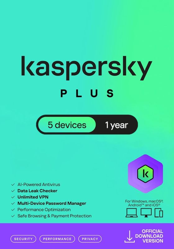 Kaspersky Plus Internet Security 2026 - 5 Enheds - 1 År PC, Mac, iOS, Android