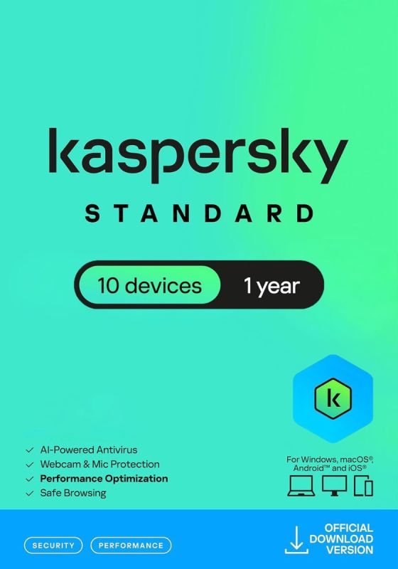Kaspersky Standard Anti-Virus 2026 - 10 Enheds - 1 År PC, Mac, iOS, Android