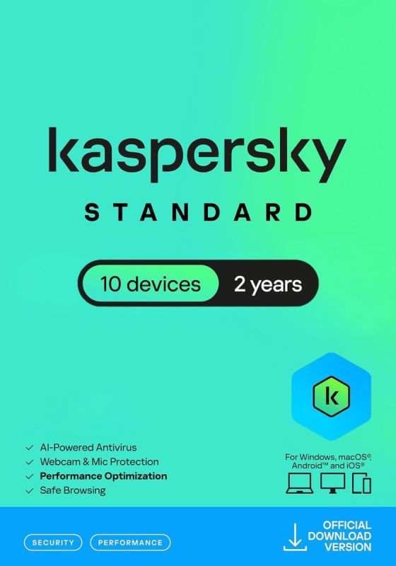 Kaspersky Standard Anti-Virus 2026 - 10 Enheds - 2 Års PC, Mac, iOS, Android