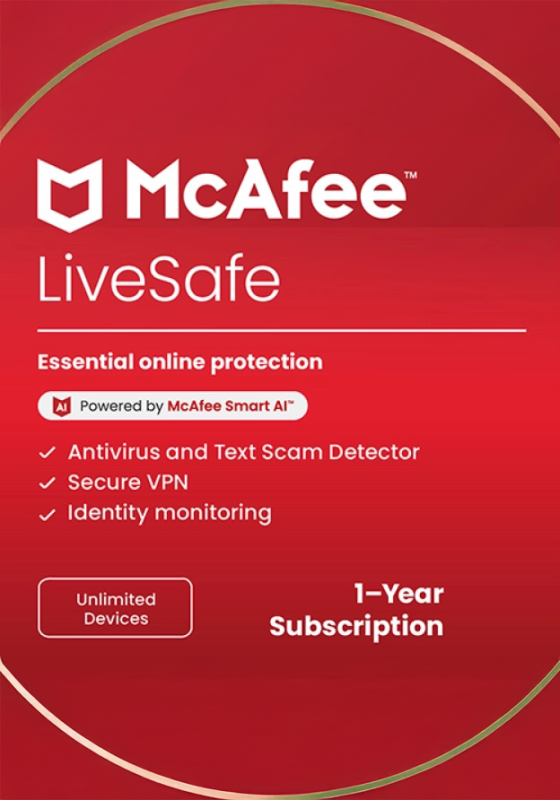 McAfee LiveSafe 2026 - Unlimited Devices - 1 Year PC, Mac, iOS, Android