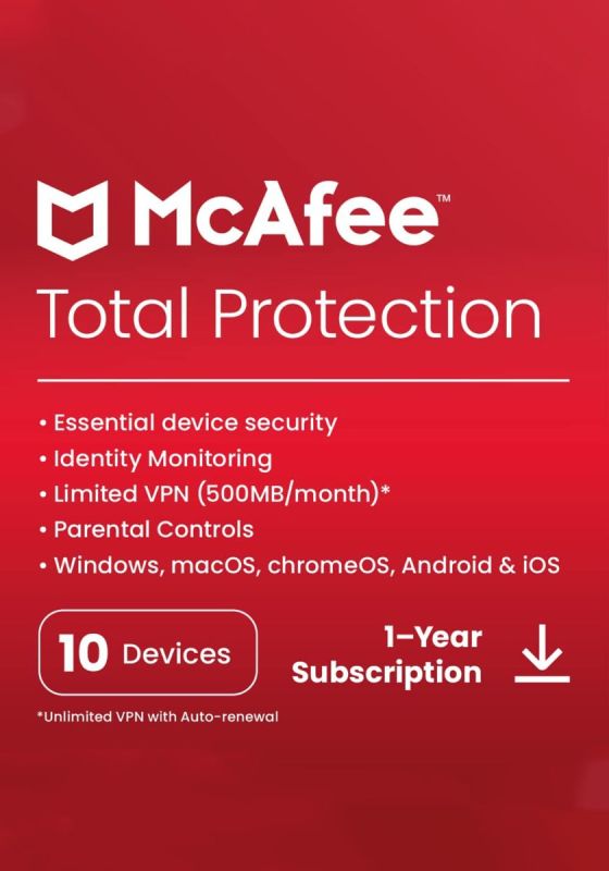 McAfee Total Protection 2026 Antivirus - 10 Devices - 1 Year PC, Mac, iOS, Android
