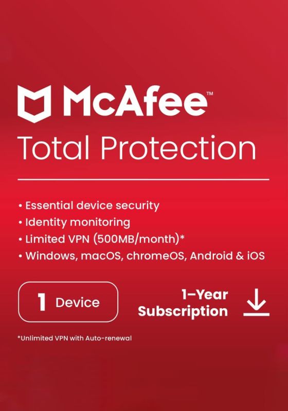 McAfee Total Protection 2026 Antivirus - 1 Device - 1 Year PC, Mac, iOS, Android