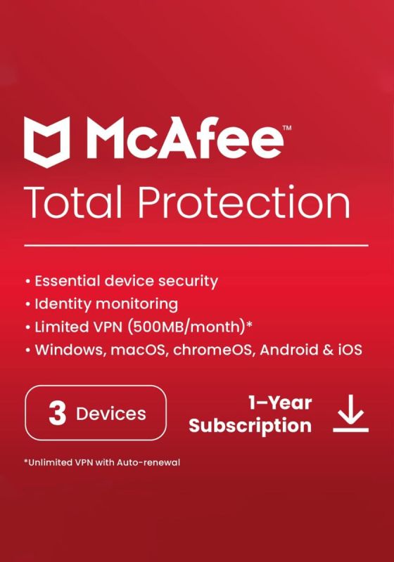McAfee Total Protection 2026 Antivirus - 3 Devices - 1 Year PC, Mac, iOS, Android