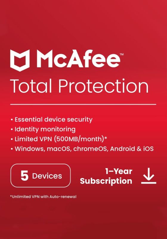 McAfee Total Protection 2026 Antivirus - 5 Devices - 1 Year PC, Mac, iOS, Android
