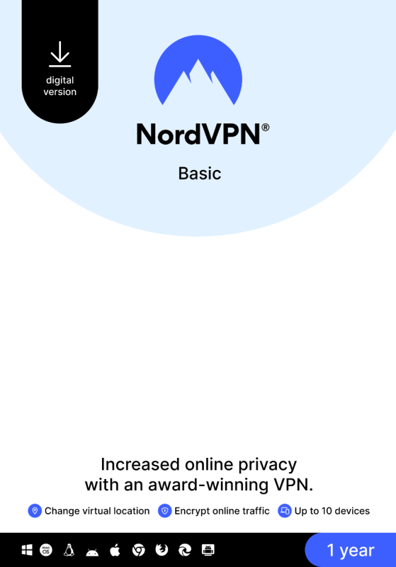NordVPN Basic - 10 Devices - 1 Year PC, Mac, Linux, iOS, Android
