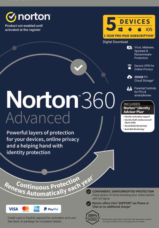 Norton 360 Advanced - Nicht Abonnement - 10 Geräts - 1 Jahr PC, Mac, iOS, Android